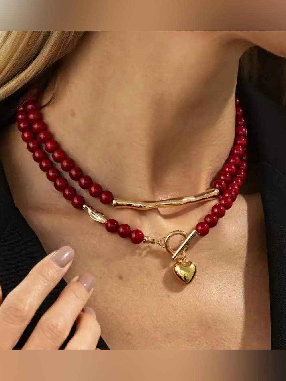 Red Beaded Double layer Set Necklace with Gold Heart Accent 2 necklaces - Picture 2 of 5